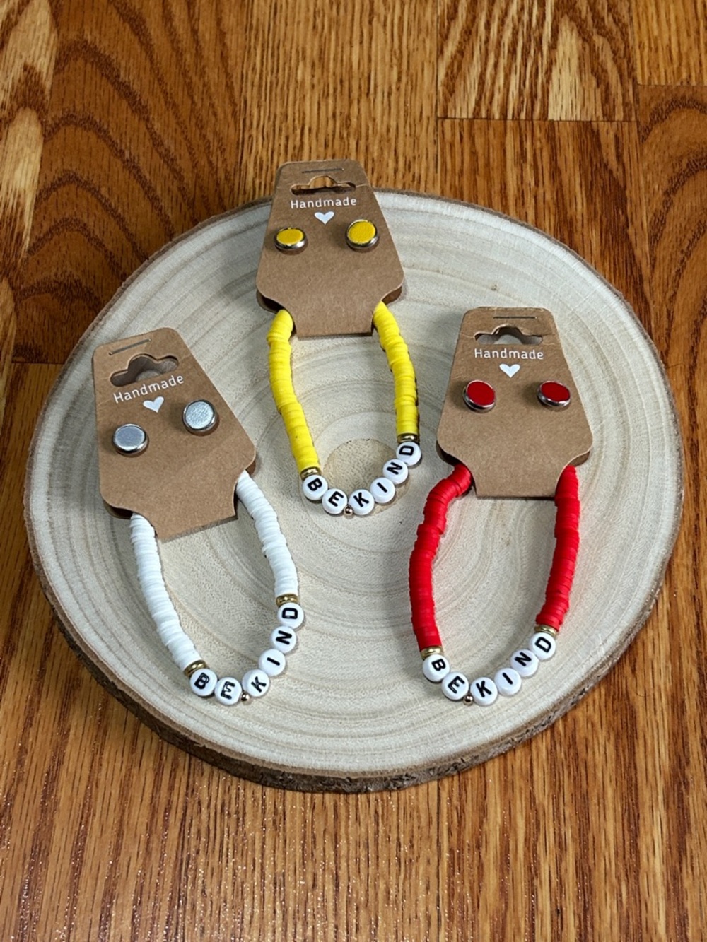 Handmade Beaded 'Be Kind' Kids Bracelets - Red, White, Yellow w/Matching Studs